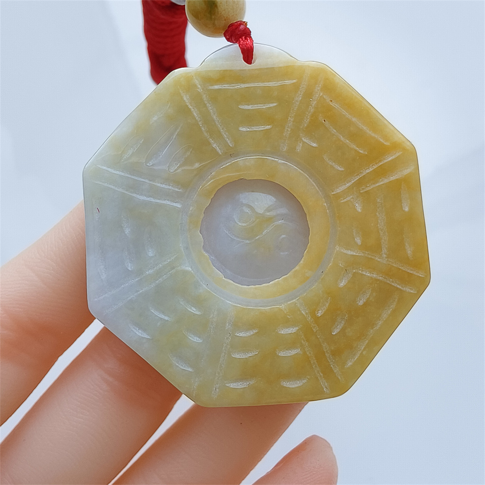 Unique Certificated Natural Hand Carved Yellow Color Heated 43X6mm Burmese Jadeite Polygon Bagua Pendant,Yellow Jadeite Pendant Necklace