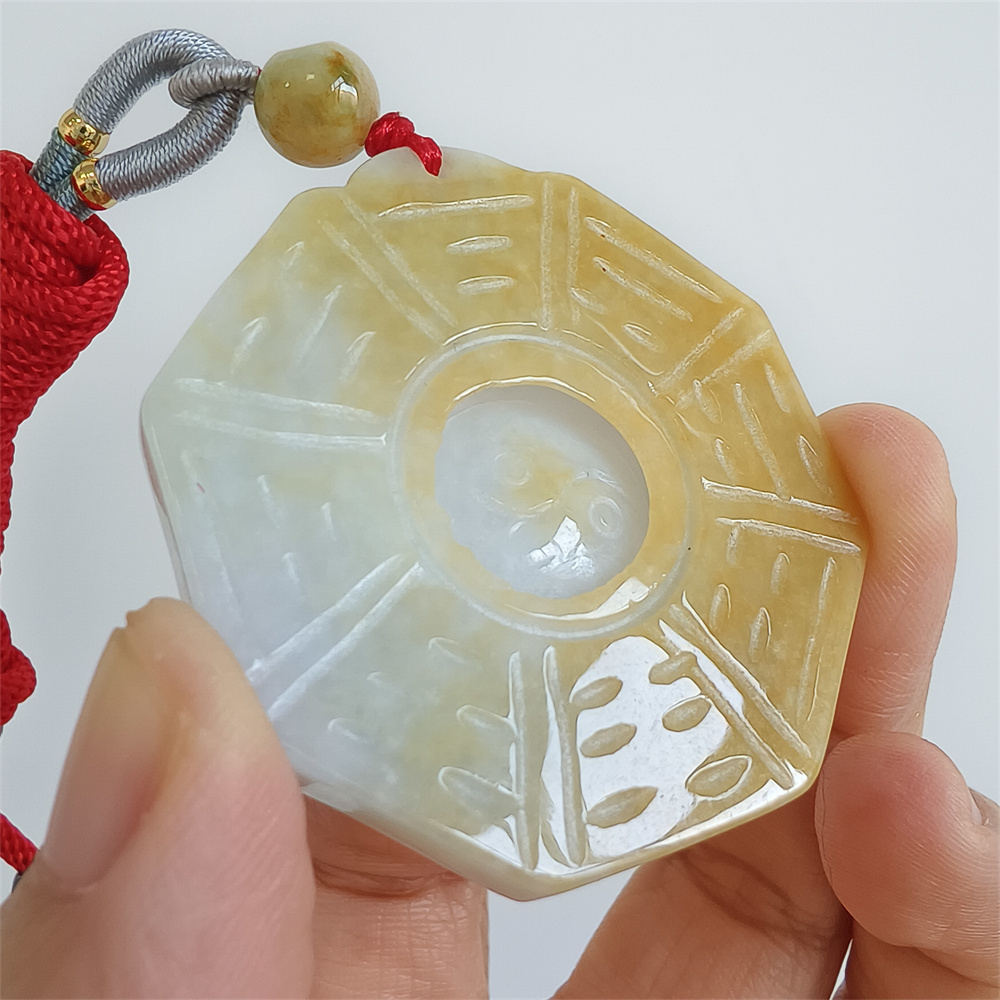Unique Certificated Natural Hand Carved Yellow Color Heated 43X6mm Burmese Jadeite Polygon Bagua Pendant,Yellow Jadeite Pendant Necklace