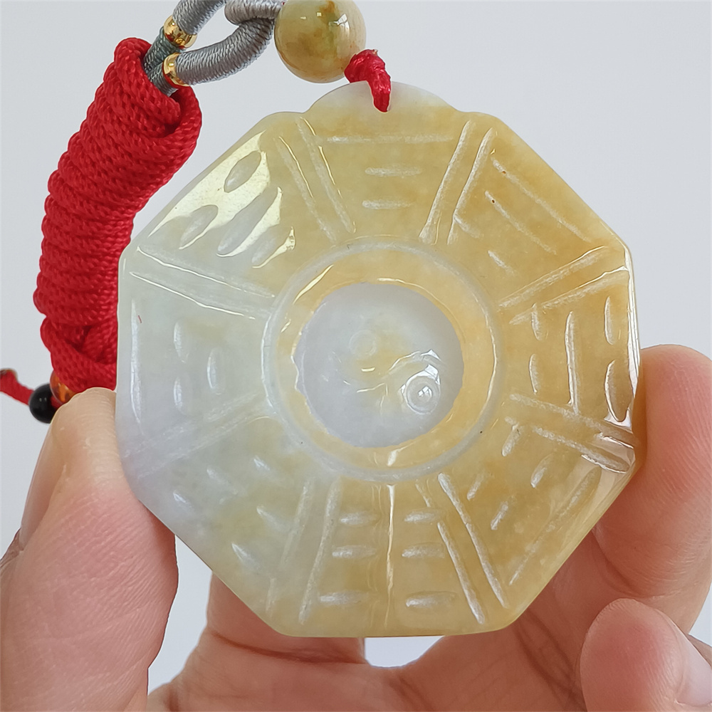 Unique Certificated Natural Hand Carved Yellow Color Heated 43X6mm Burmese Jadeite Polygon Bagua Pendant,Yellow Jadeite Pendant Necklace