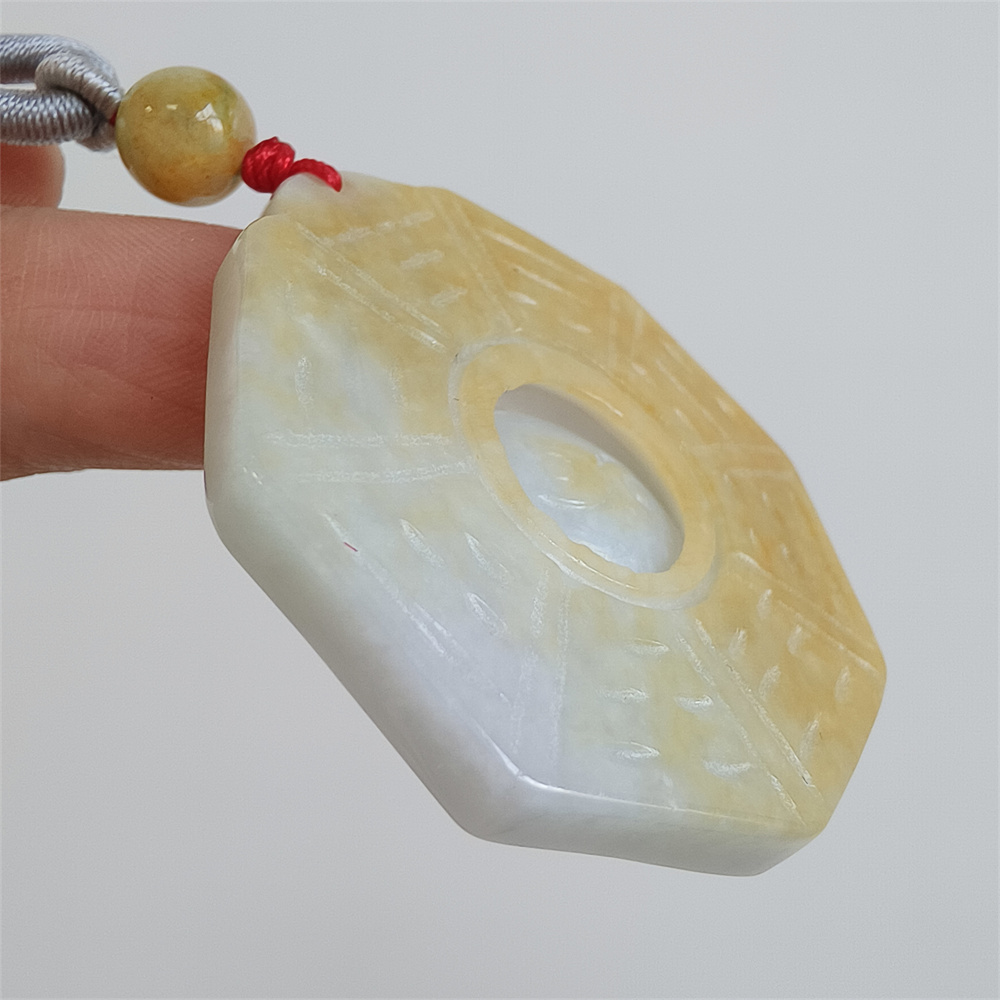 Unique Certificated Natural Hand Carved Yellow Color Heated 43X6mm Burmese Jadeite Polygon Bagua Pendant,Yellow Jadeite Pendant Necklace