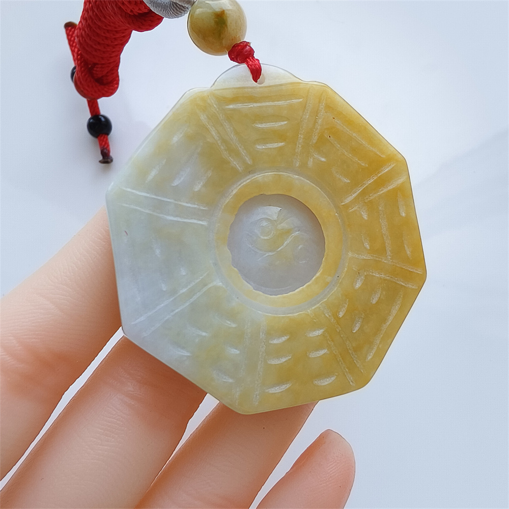 Unique Certificated Natural Hand Carved Yellow Color Heated 43X6mm Burmese Jadeite Polygon Bagua Pendant,Yellow Jadeite Pendant Necklace