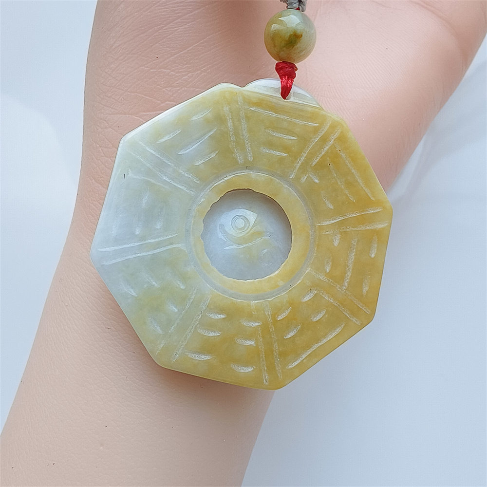 Unique Certificated Natural Hand Carved Yellow Color Heated 43X6mm Burmese Jadeite Polygon Bagua Pendant,Yellow Jadeite Pendant Necklace
