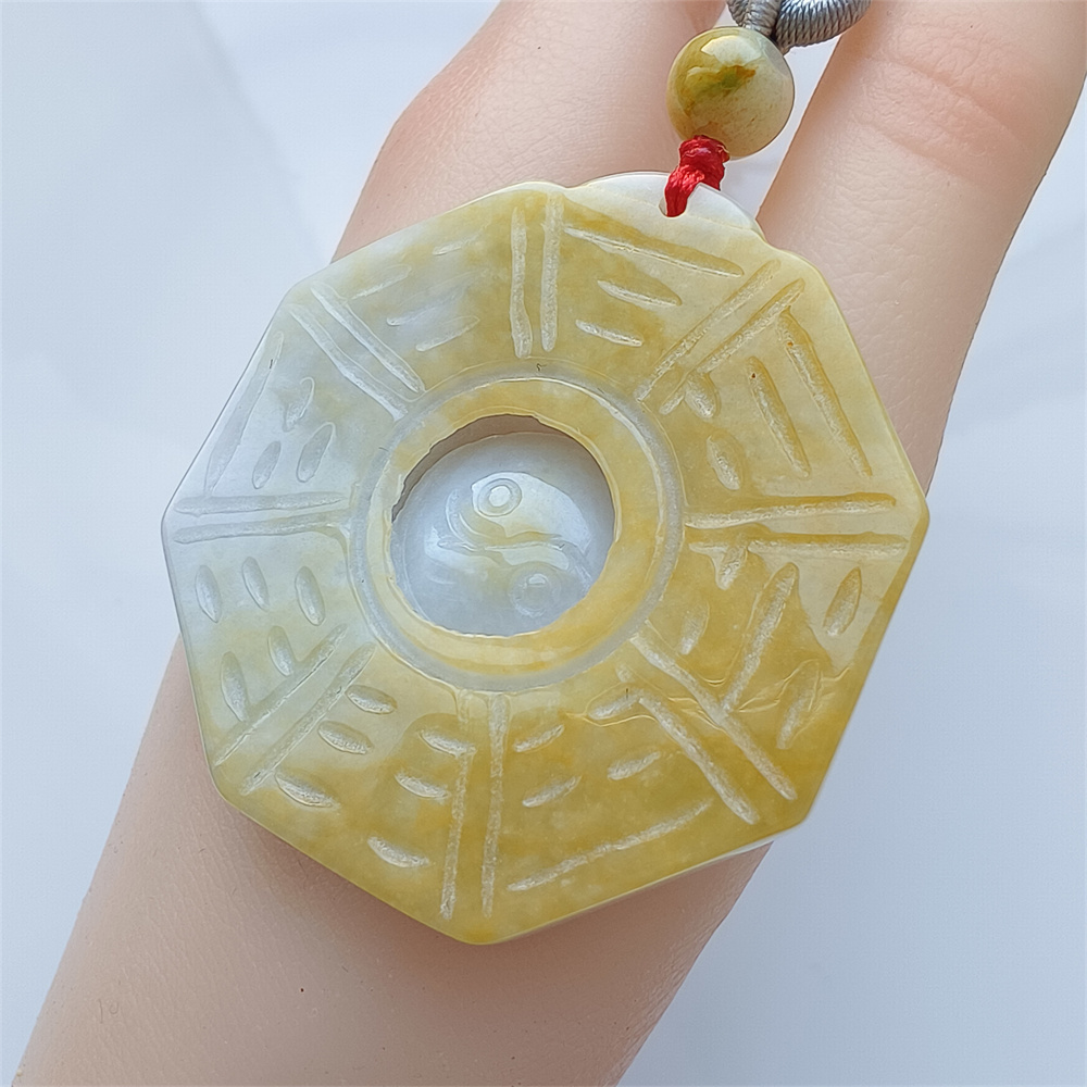Unique Certificated Natural Hand Carved Yellow Color Heated 43X6mm Burmese Jadeite Polygon Bagua Pendant,Yellow Jadeite Pendant Necklace