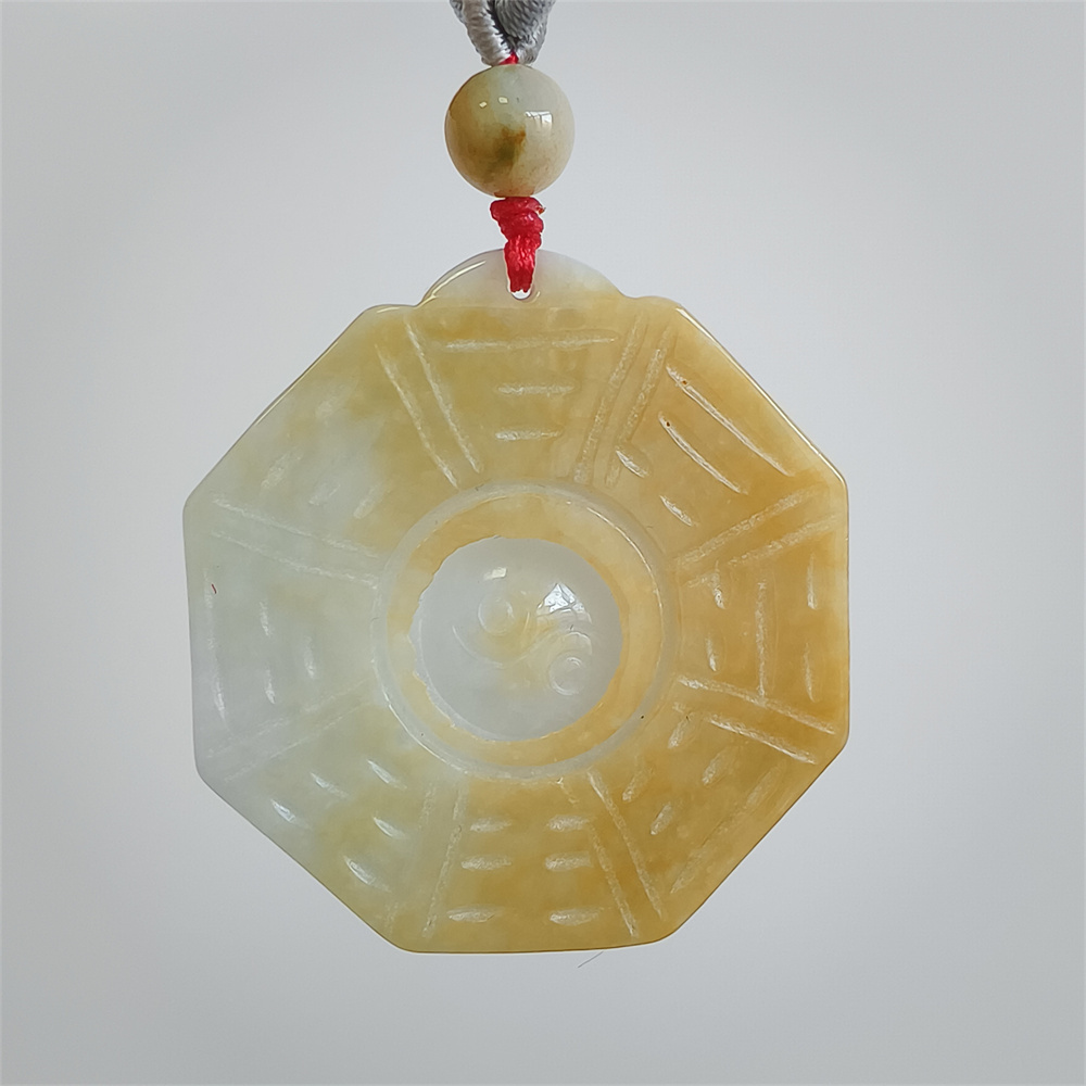 Unique Certificated Natural Hand Carved Yellow Color Heated 43X6mm Burmese Jadeite Polygon Bagua Pendant,Yellow Jadeite Pendant Necklace