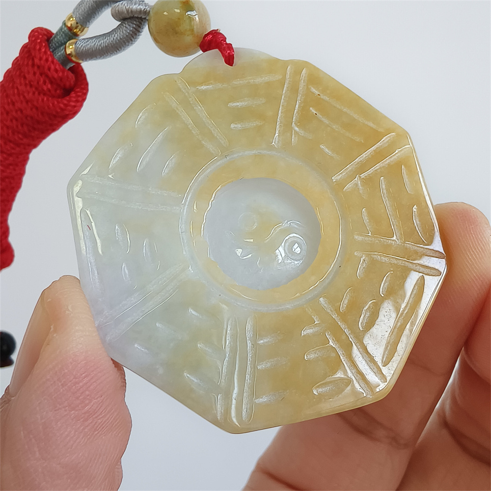 Unique Certificated Natural Hand Carved Yellow Color Heated 43X6mm Burmese Jadeite Polygon Bagua Pendant,Yellow Jadeite Pendant Necklace