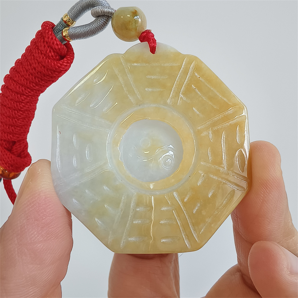 Unique Certificated Natural Hand Carved Yellow Color Heated 43X6mm Burmese Jadeite Polygon Bagua Pendant,Yellow Jadeite Pendant Necklace