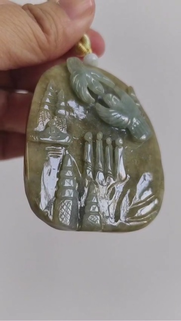 Unique Certificated Natural Type A Untreated 59X58X12mm Green Yellow Burmese Jadeite Oval Pendant With 悟道 And Bird Carved,Myanmar Jadeite Pendant Necklace