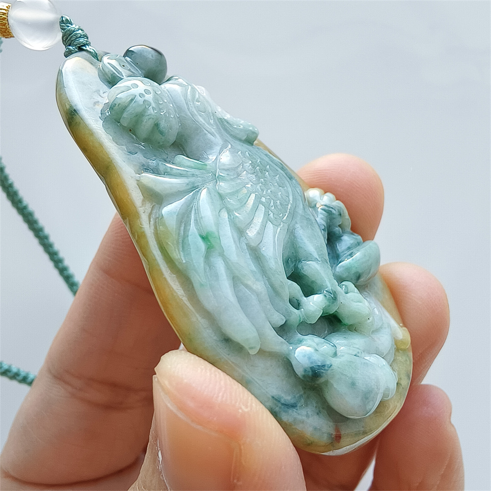 Unique Certificated Natural Hand Carved Yellow Green Color Heated 57X35X8mm Burmese Jadeite Oval Pendant With Rooster Carved,Chinese Zodiac Pendant Necklace