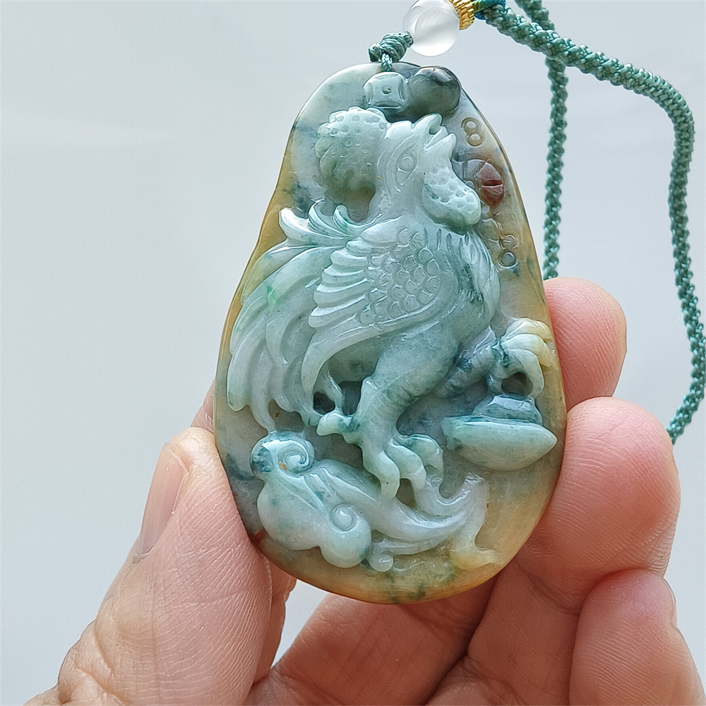 Unique Certificated Natural Hand Carved Yellow Green Color Heated 57X35X8mm Burmese Jadeite Oval Pendant With Rooster Carved,Chinese Zodiac Pendant Necklace