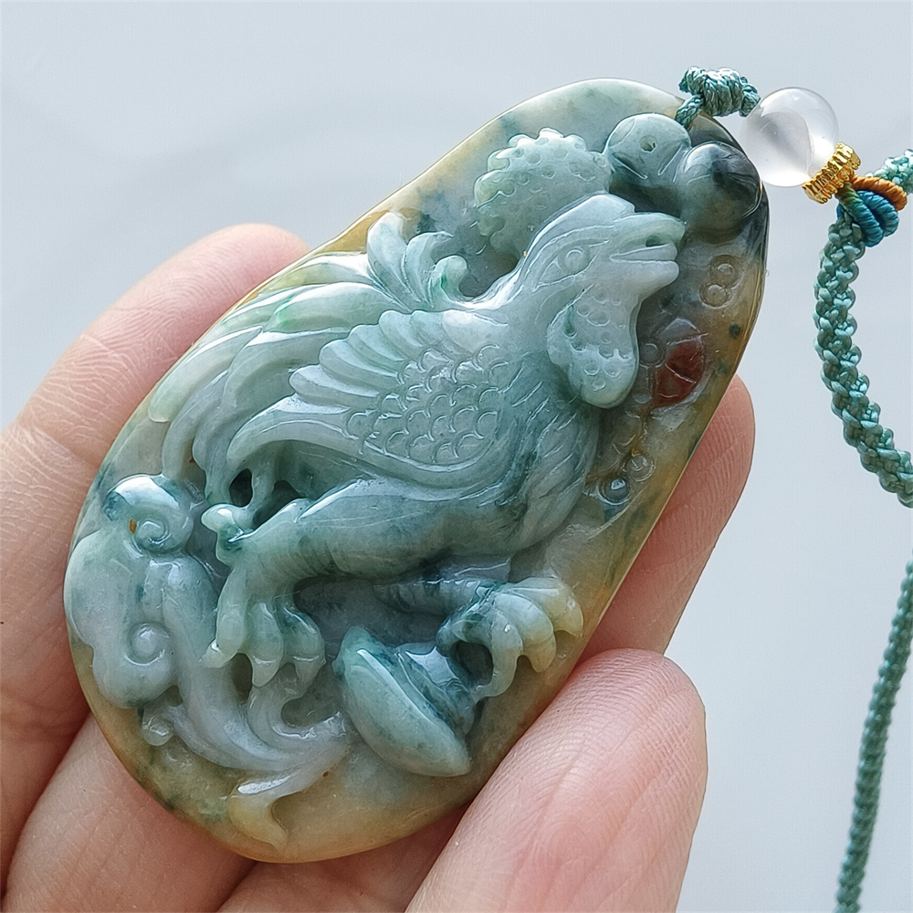Unique Certificated Natural Hand Carved Yellow Green Color Heated 57X35X8mm Burmese Jadeite Oval Pendant With Rooster Carved,Chinese Zodiac Pendant Necklace