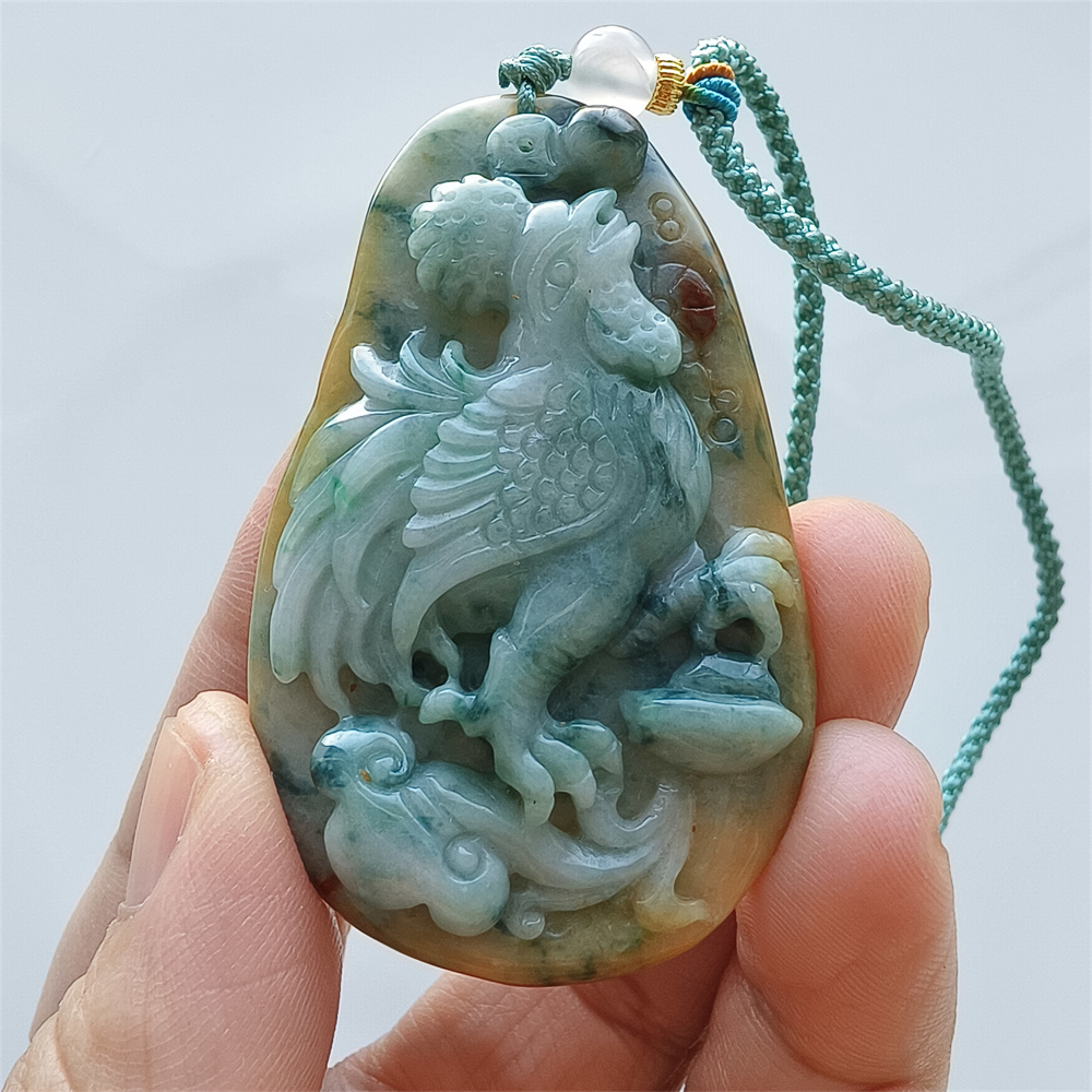 Unique Certificated Natural Hand Carved Yellow Green Color Heated 57X35X8mm Burmese Jadeite Oval Pendant With Rooster Carved,Chinese Zodiac Pendant Necklace
