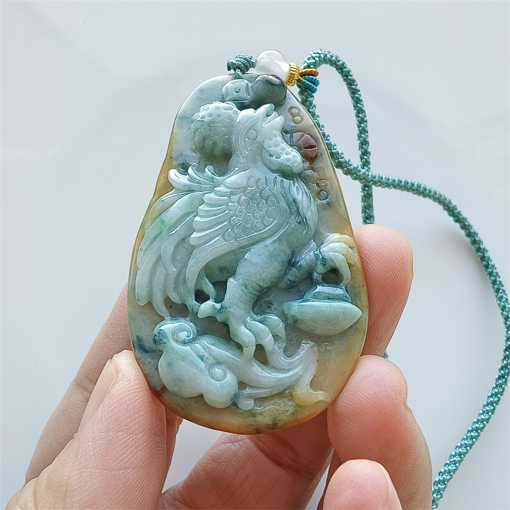 Unique Certificated Natural Hand Carved Yellow Green Color Heated 57X35X8mm Burmese Jadeite Oval Pendant With Rooster Carved,Chinese Zodiac Pendant Necklace