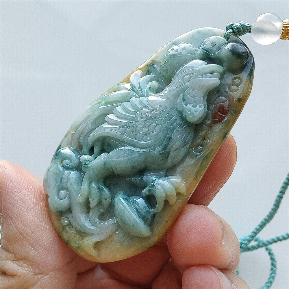 Unique Certificated Natural Hand Carved Yellow Green Color Heated 57X35X8mm Burmese Jadeite Oval Pendant With Rooster Carved,Chinese Zodiac Pendant Necklace