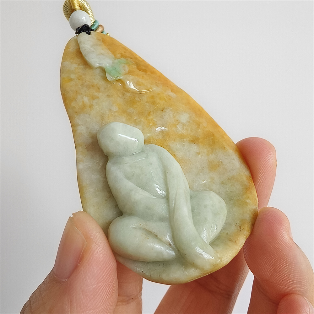 Unique Certificated Natural Type A Untreated 65X44X10mm Yellow Green Burmese Jadeite Teardrop Pendant With 悟道 And Butterfly Carved,Amulet Pendant Necklace