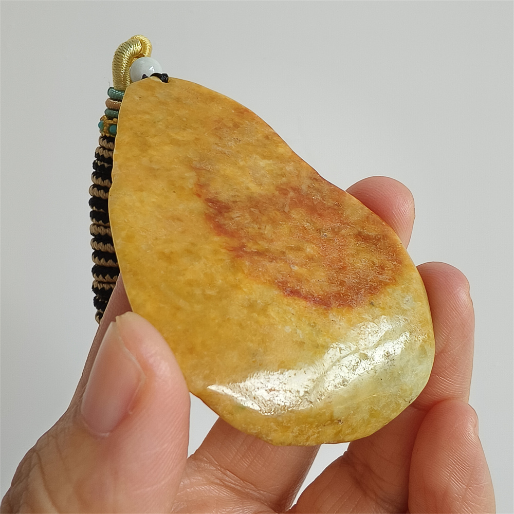 Unique Certificated Natural Type A Untreated 65X44X10mm Yellow Green Burmese Jadeite Teardrop Pendant With 悟道 And Butterfly Carved,Amulet Pendant Necklace