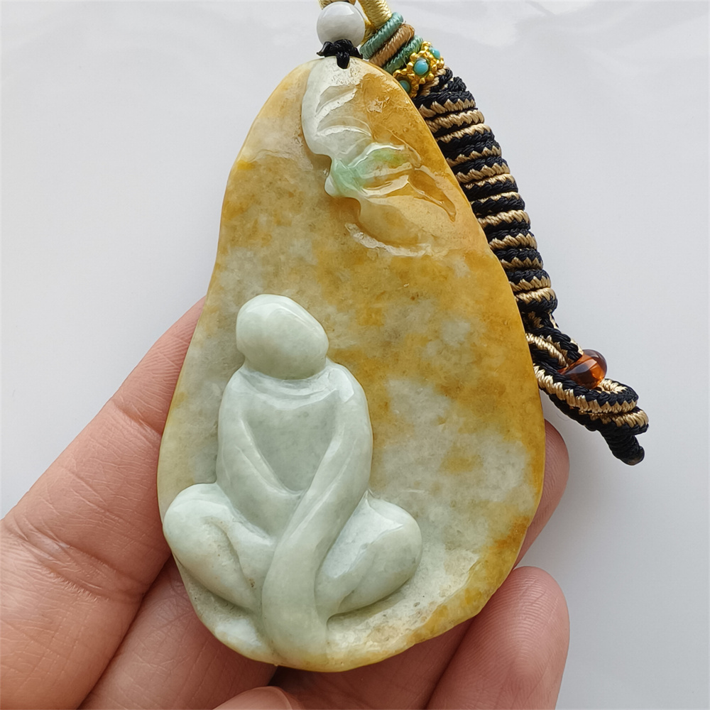Unique Certificated Natural Type A Untreated 65X44X10mm Yellow Green Burmese Jadeite Teardrop Pendant With 悟道 And Butterfly Carved,Amulet Pendant Necklace