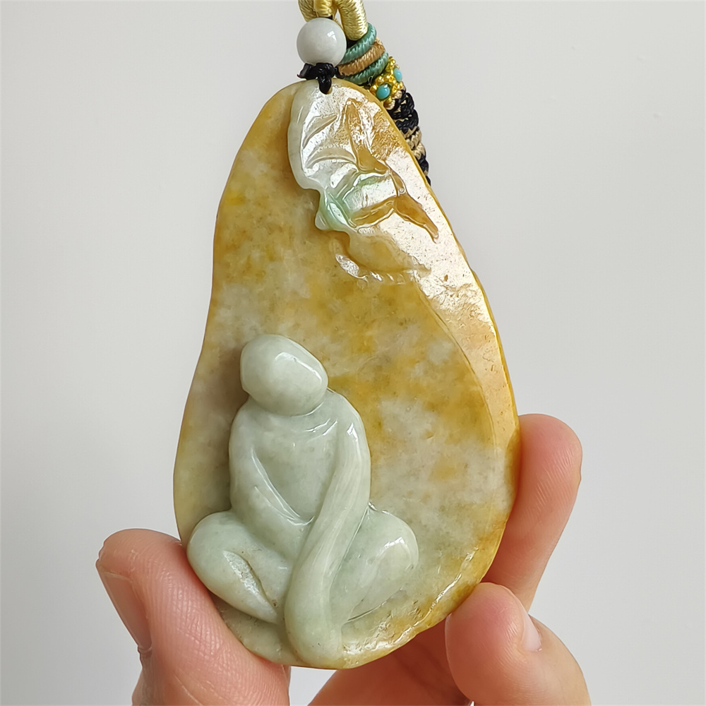 Unique Certificated Natural Type A Untreated 65X44X10mm Yellow Green Burmese Jadeite Teardrop Pendant With 悟道 And Butterfly Carved,Amulet Pendant Necklace