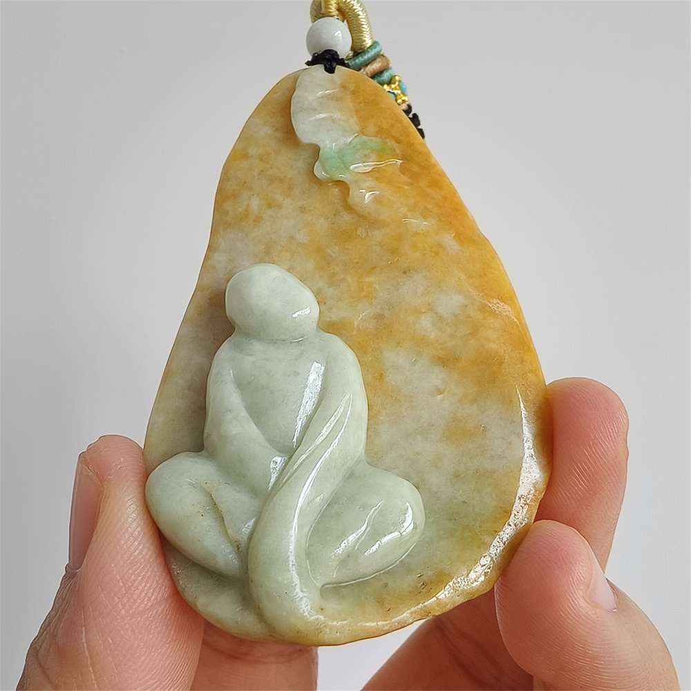 Unique Certificated Natural Type A Untreated 65X44X10mm Yellow Green Burmese Jadeite Teardrop Pendant With 悟道 And Butterfly Carved,Amulet Pendant Necklace