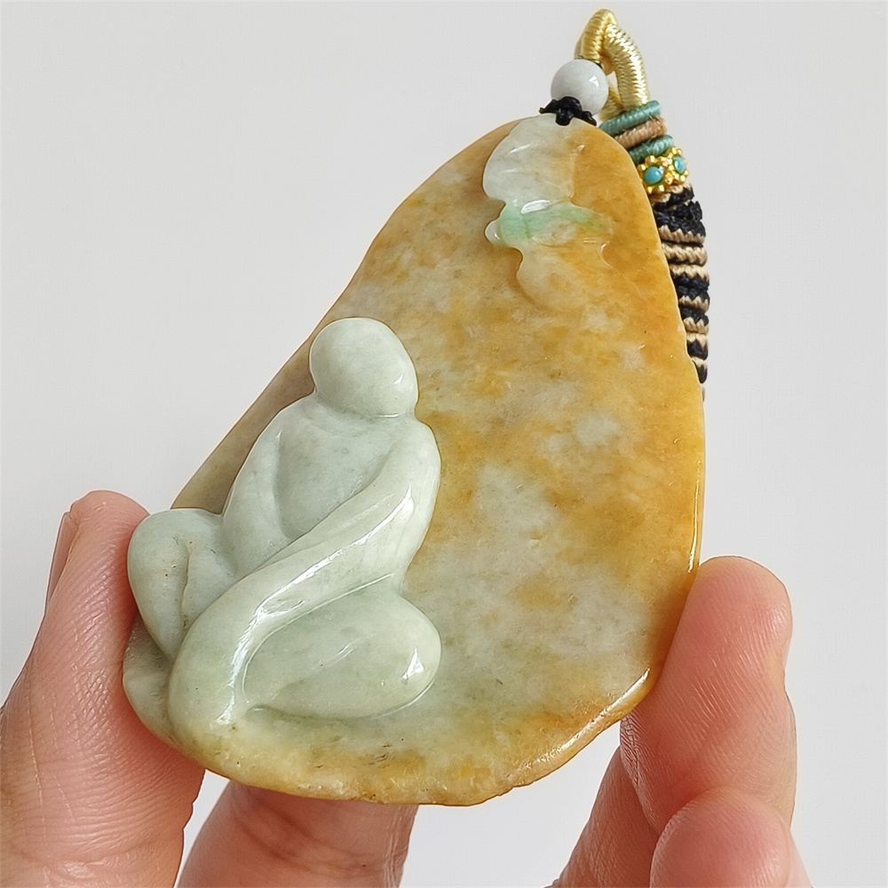 Unique Certificated Natural Type A Untreated 65X44X10mm Yellow Green Burmese Jadeite Teardrop Pendant With 悟道 And Butterfly Carved,Amulet Pendant Necklace