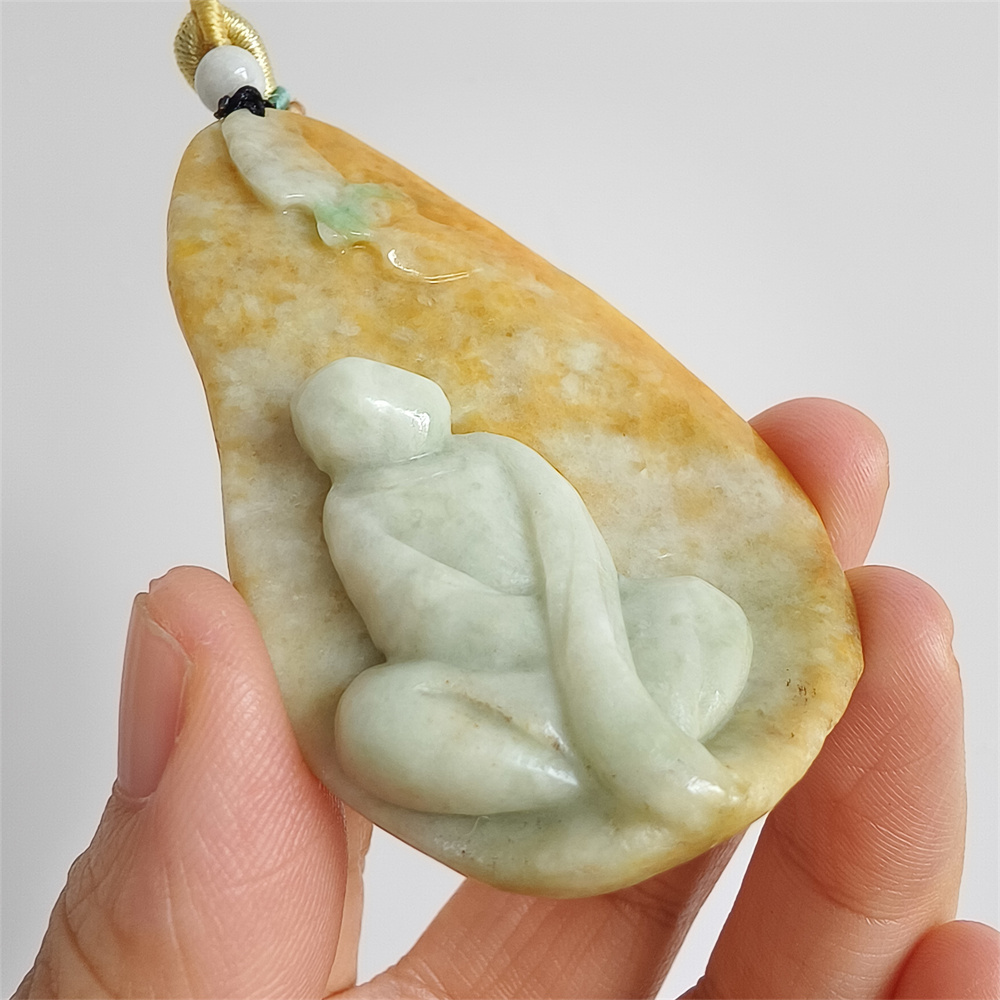 Unique Certificated Natural Type A Untreated 65X44X10mm Yellow Green Burmese Jadeite Teardrop Pendant With 悟道 And Butterfly Carved,Amulet Pendant Necklace