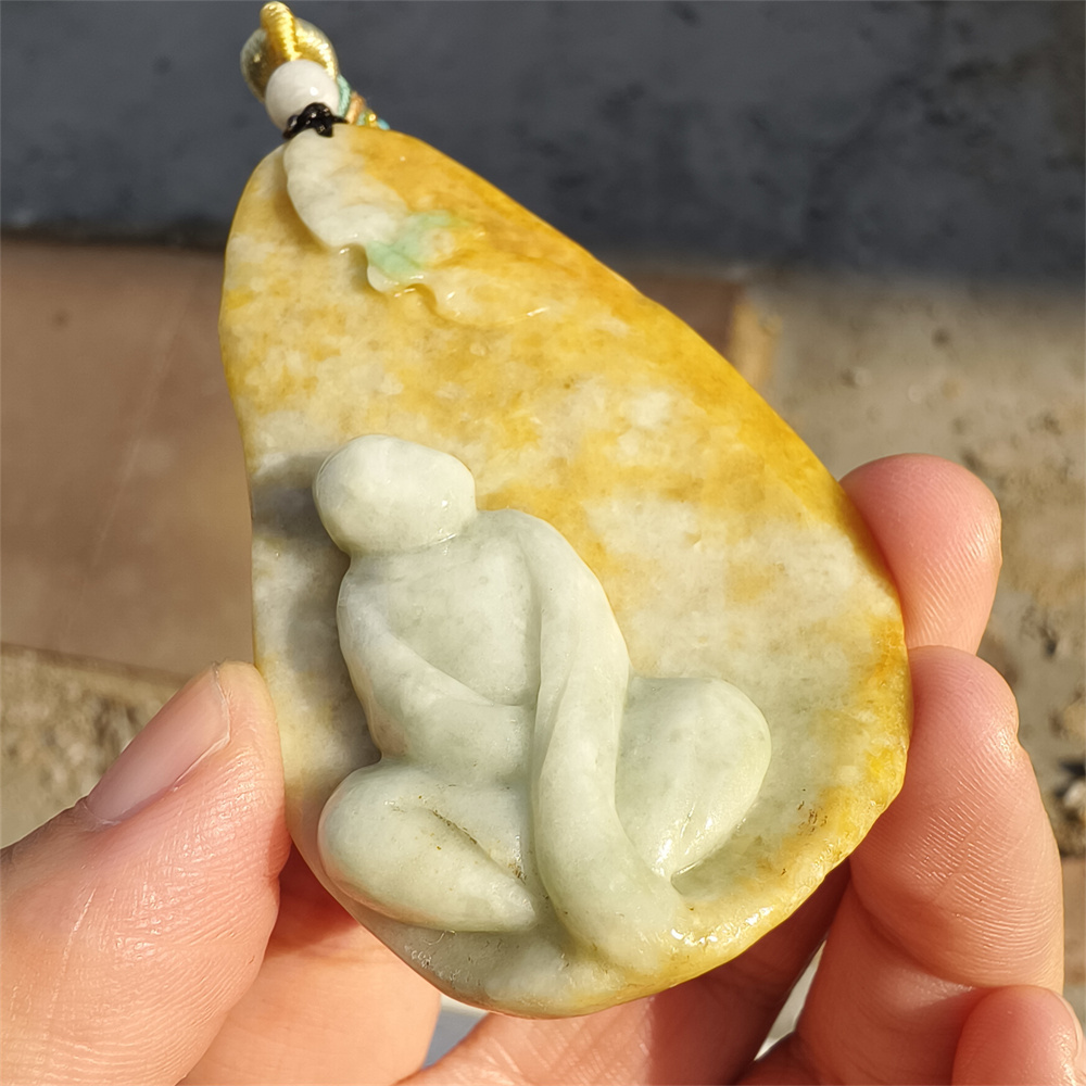 Unique Certificated Natural Type A Untreated 65X44X10mm Yellow Green Burmese Jadeite Teardrop Pendant With 悟道 And Butterfly Carved,Amulet Pendant Necklace