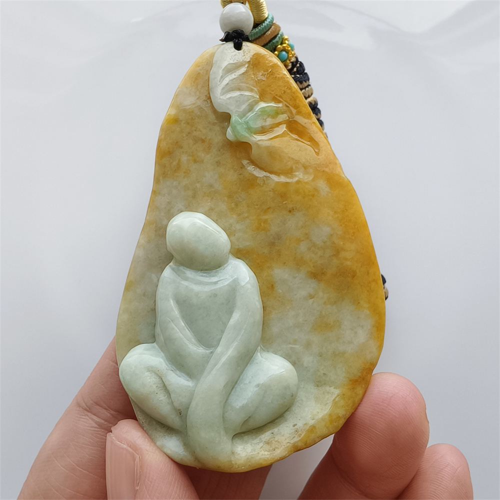 Unique Certificated Natural Type A Untreated 65X44X10mm Yellow Green Burmese Jadeite Teardrop Pendant With 悟道 And Butterfly Carved,Amulet Pendant Necklace