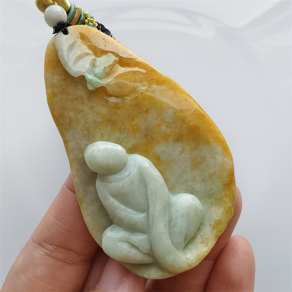 Unique Certificated Natural Type A Untreated 65X44X10mm Yellow Green Burmese Jadeite Teardrop Pendant With 悟道 And Butterfly Carved,Amulet Pendant Necklace