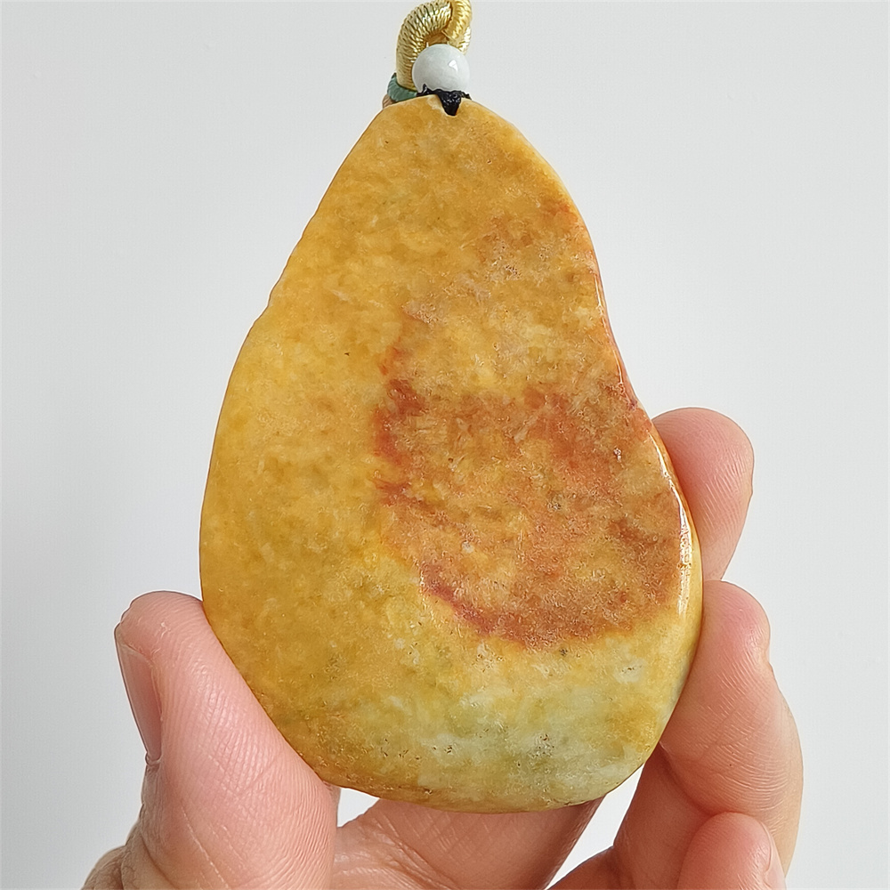 Unique Certificated Natural Type A Untreated 65X44X10mm Yellow Green Burmese Jadeite Teardrop Pendant With 悟道 And Butterfly Carved,Amulet Pendant Necklace