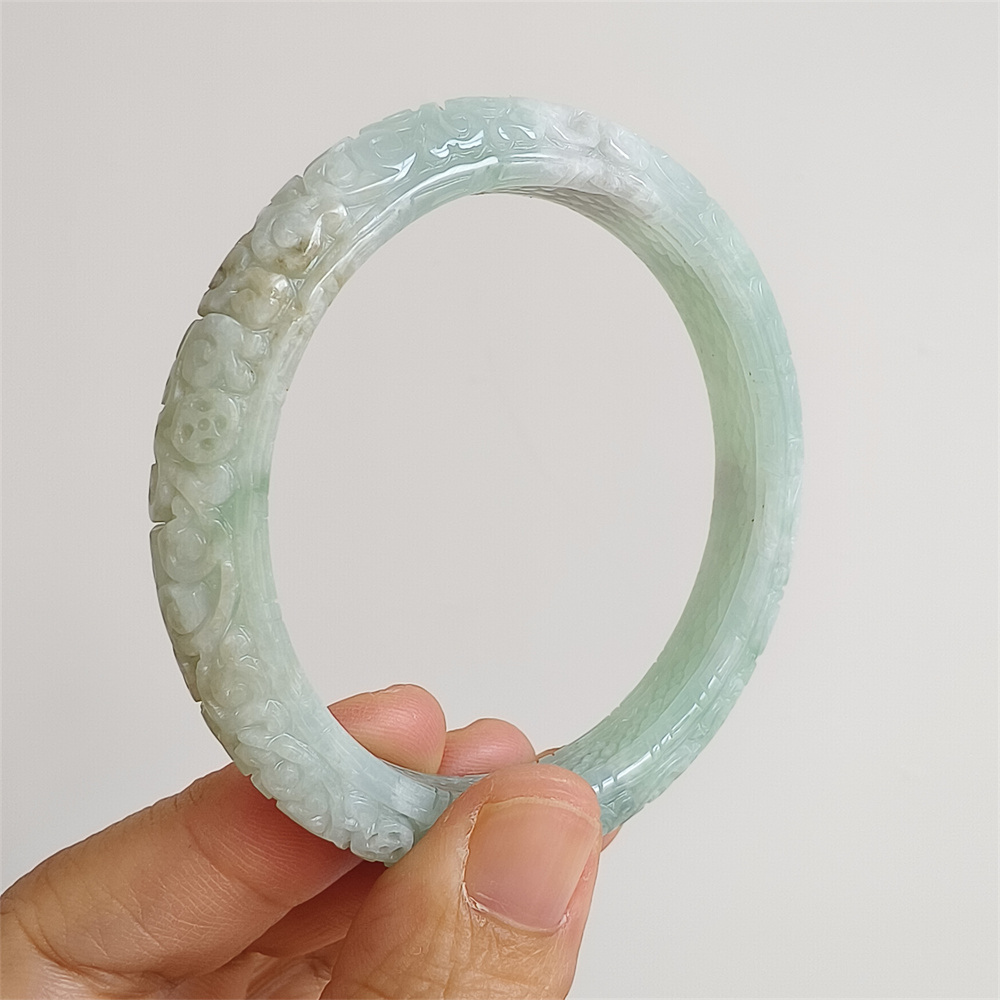 Natural Certificated Type A Untreated 57mm Green White Watery Burmese Jadeite Band Bangle,Green White Bracelet Burma Jadeite Patterned Bangles