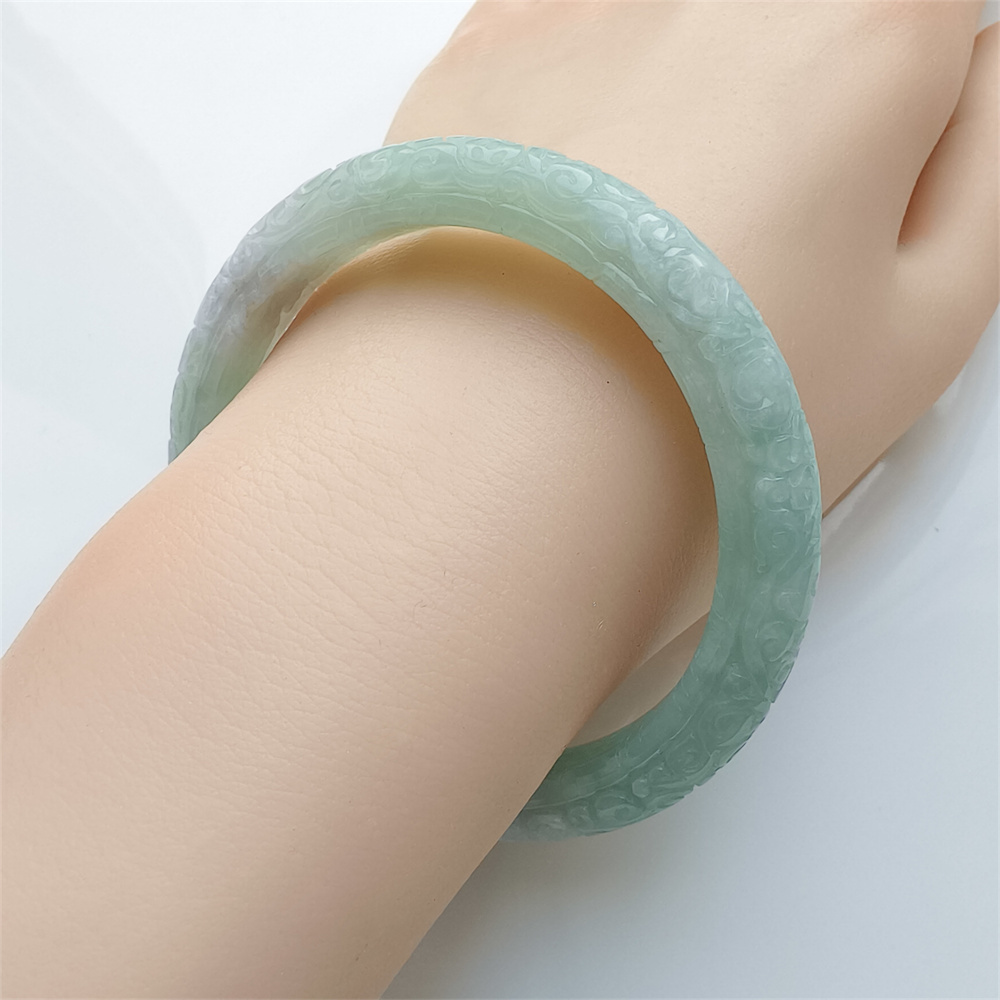 Natural Certificated Type A Untreated 57mm Green White Watery Burmese Jadeite Band Bangle,Green White Bracelet Burma Jadeite Patterned Bangles