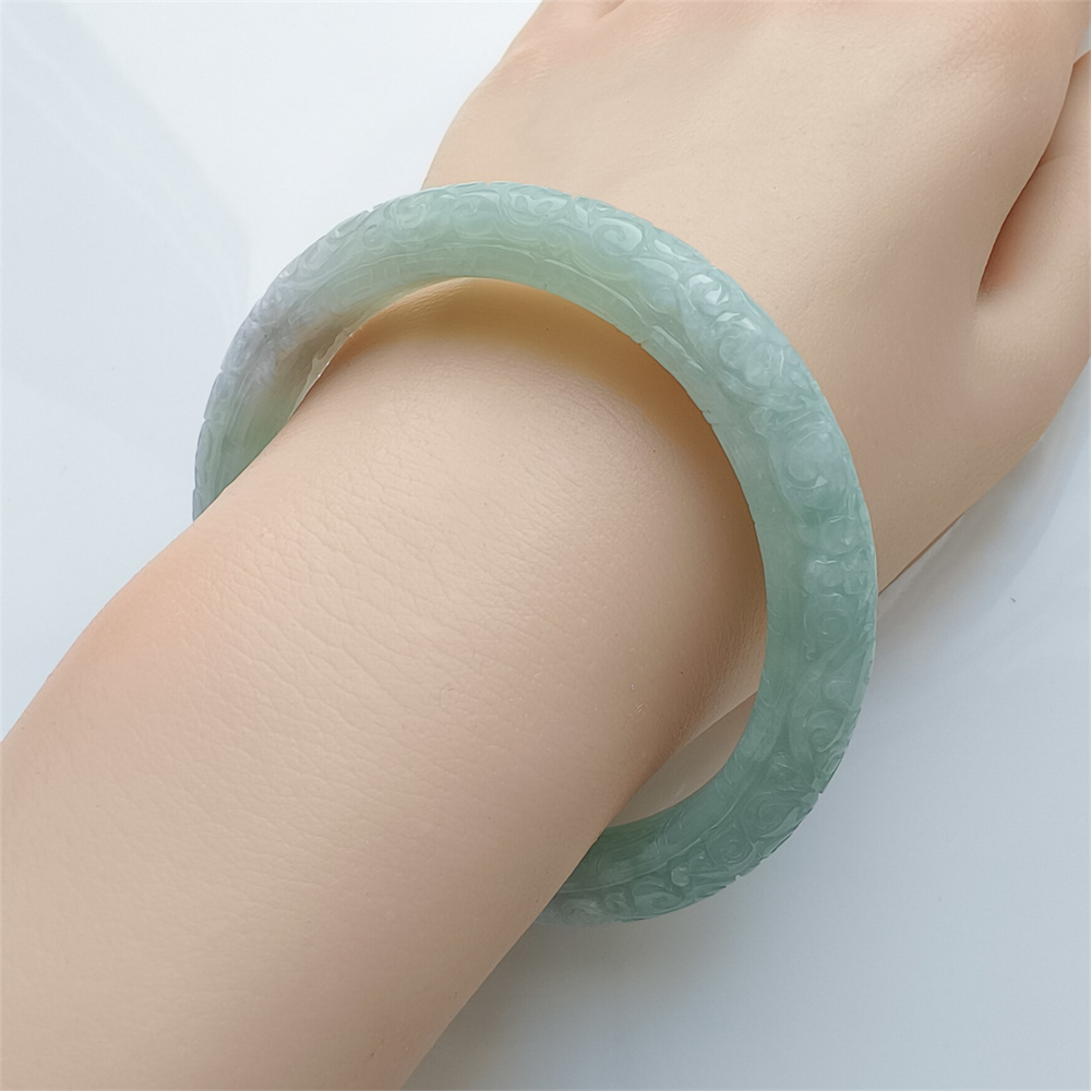 Natural Certificated Type A Untreated 57mm Green White Watery Burmese Jadeite Band Bangle,Green White Bracelet Burma Jadeite Patterned Bangles