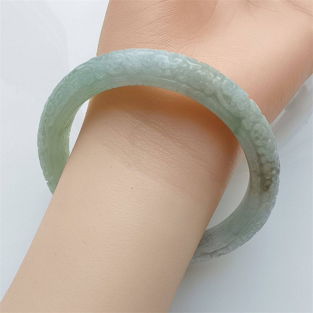 Natural Certificated Type A Untreated 57mm Green White Watery Burmese Jadeite Band Bangle,Green White Bracelet Burma Jadeite Patterned Bangles