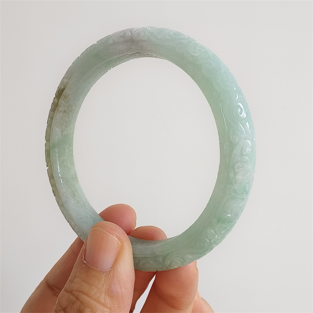 Natural Certificated Type A Untreated 57mm Green White Watery Burmese Jadeite Band Bangle,Green White Bracelet Burma Jadeite Patterned Bangles