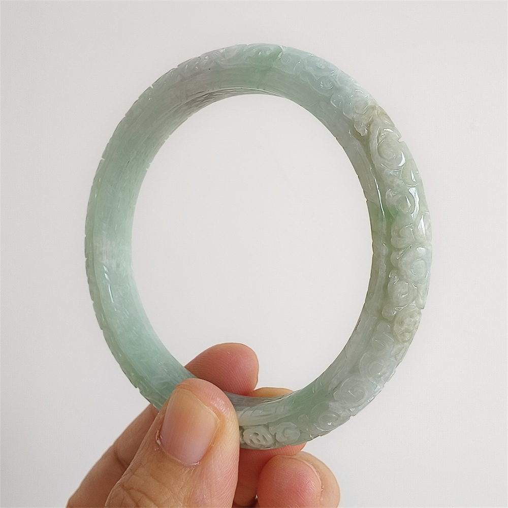 Natural Certificated Type A Untreated 57mm Green White Watery Burmese Jadeite Band Bangle,Green White Bracelet Burma Jadeite Patterned Bangles