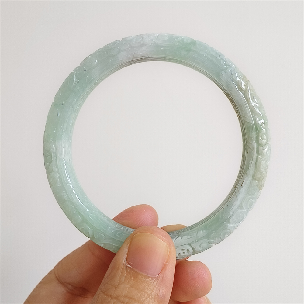 Natural Certificated Type A Untreated 57mm Green White Watery Burmese Jadeite Band Bangle,Green White Bracelet Burma Jadeite Patterned Bangles