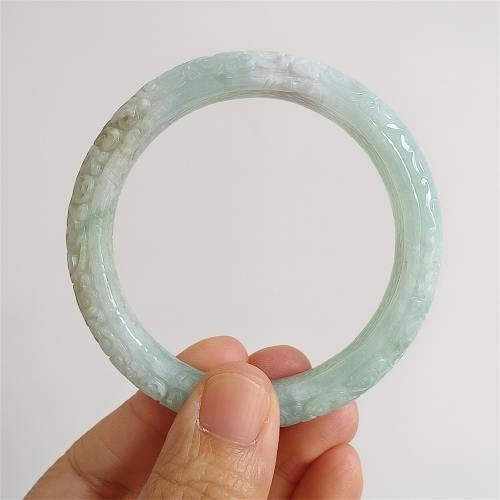 Natural Certificated Type A Untreated 57mm Green White Watery Burmese Jadeite Band Bangle,Green White Bracelet Burma Jadeite Patterned Bangles