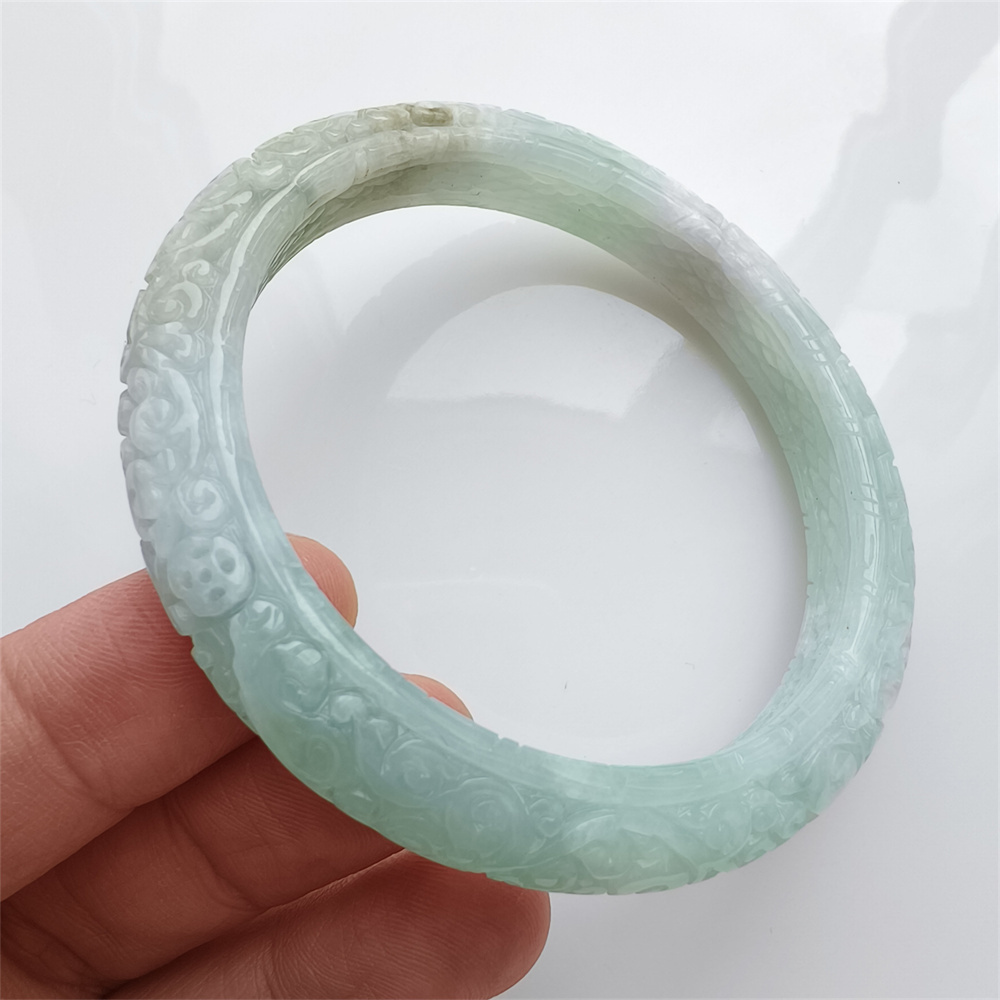 Natural Certificated Type A Untreated 57mm Green White Watery Burmese Jadeite Band Bangle,Green White Bracelet Burma Jadeite Patterned Bangles