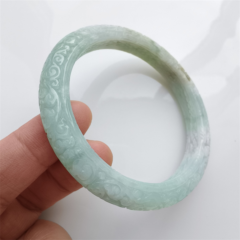 Natural Certificated Type A Untreated 57mm Green White Watery Burmese Jadeite Band Bangle,Green White Bracelet Burma Jadeite Patterned Bangles