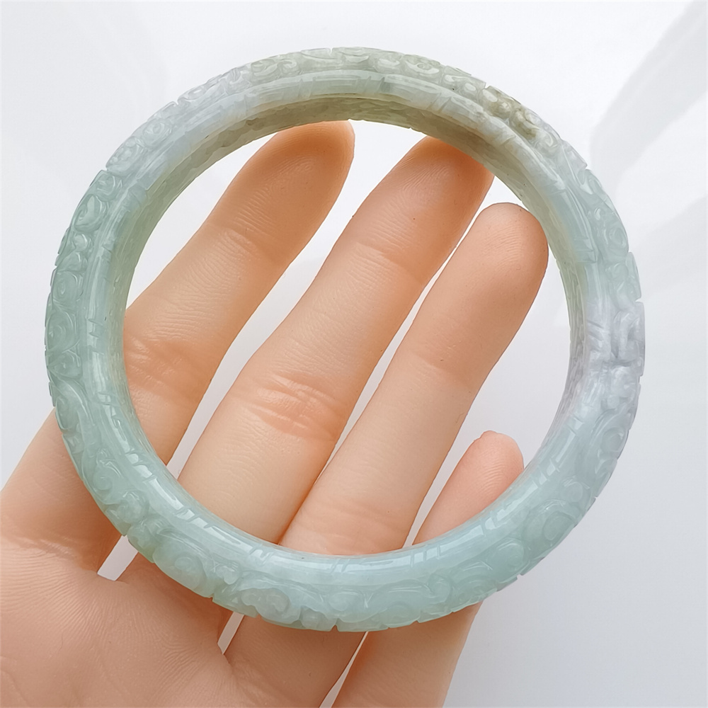 Natural Certificated Type A Untreated 57mm Green White Watery Burmese Jadeite Band Bangle,Green White Bracelet Burma Jadeite Patterned Bangles