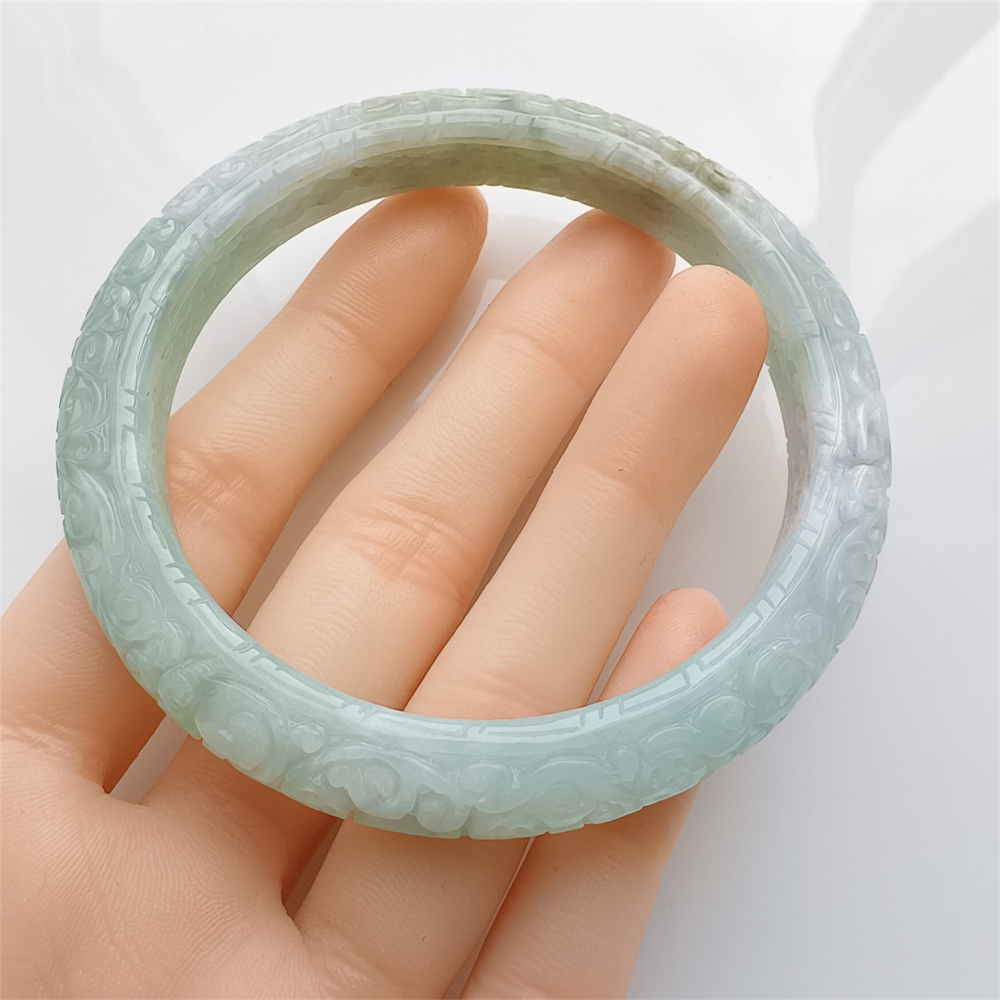 Natural Certificated Type A Untreated 57mm Green White Watery Burmese Jadeite Band Bangle,Green White Bracelet Burma Jadeite Patterned Bangles