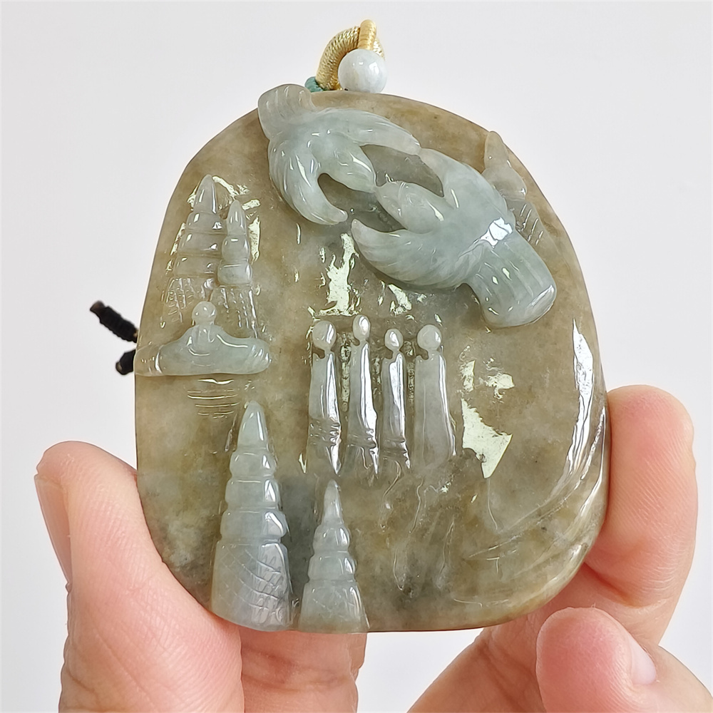 Unique Certificated Natural Type A Untreated 59X58X12mm Green Yellow Burmese Jadeite Oval Pendant With 悟道 And Bird Carved,Myanmar Jadeite Pendant Necklace
