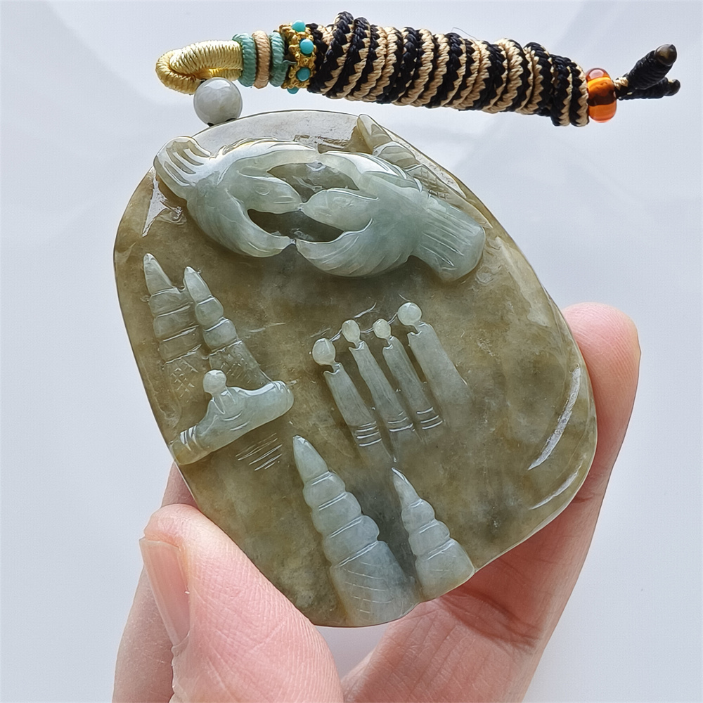 Unique Certificated Natural Type A Untreated 59X58X12mm Green Yellow Burmese Jadeite Oval Pendant With 悟道 And Bird Carved,Myanmar Jadeite Pendant Necklace