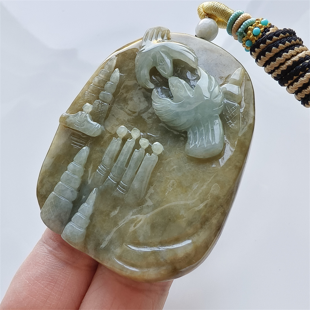 Unique Certificated Natural Type A Untreated 59X58X12mm Green Yellow Burmese Jadeite Oval Pendant With 悟道 And Bird Carved,Myanmar Jadeite Pendant Necklace