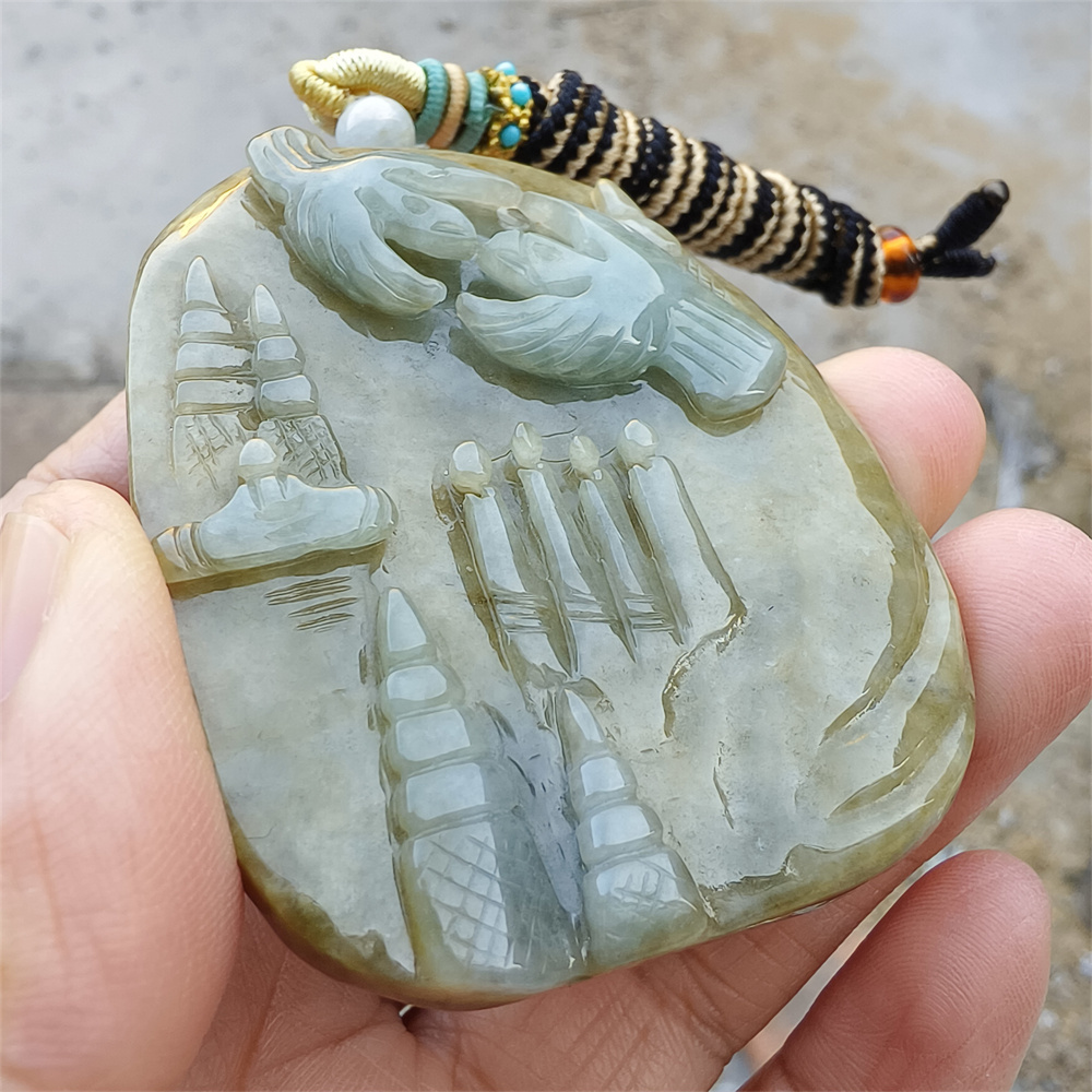 Unique Certificated Natural Type A Untreated 59X58X12mm Green Yellow Burmese Jadeite Oval Pendant With 悟道 And Bird Carved,Myanmar Jadeite Pendant Necklace