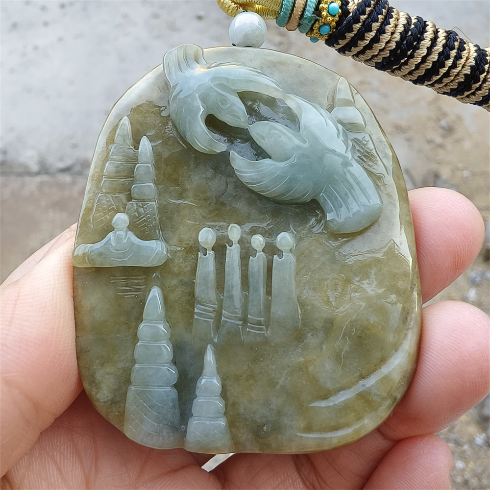 Unique Certificated Natural Type A Untreated 59X58X12mm Green Yellow Burmese Jadeite Oval Pendant With 悟道 And Bird Carved,Myanmar Jadeite Pendant Necklace