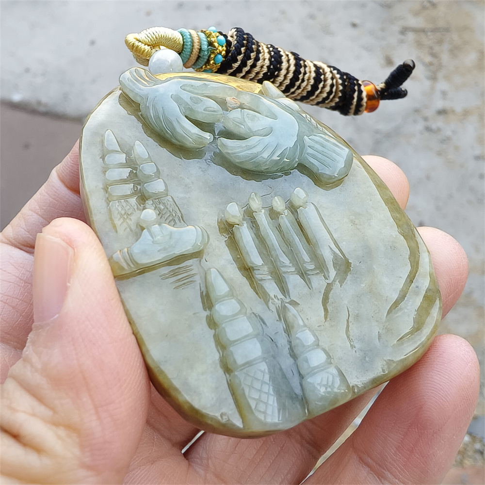 Unique Certificated Natural Type A Untreated 59X58X12mm Green Yellow Burmese Jadeite Oval Pendant With 悟道 And Bird Carved,Myanmar Jadeite Pendant Necklace