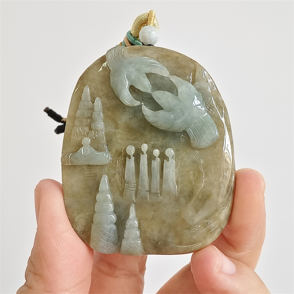 Unique Certificated Natural Type A Untreated 59X58X12mm Green Yellow Burmese Jadeite Oval Pendant With 悟道 And Bird Carved,Myanmar Jadeite Pendant Necklace