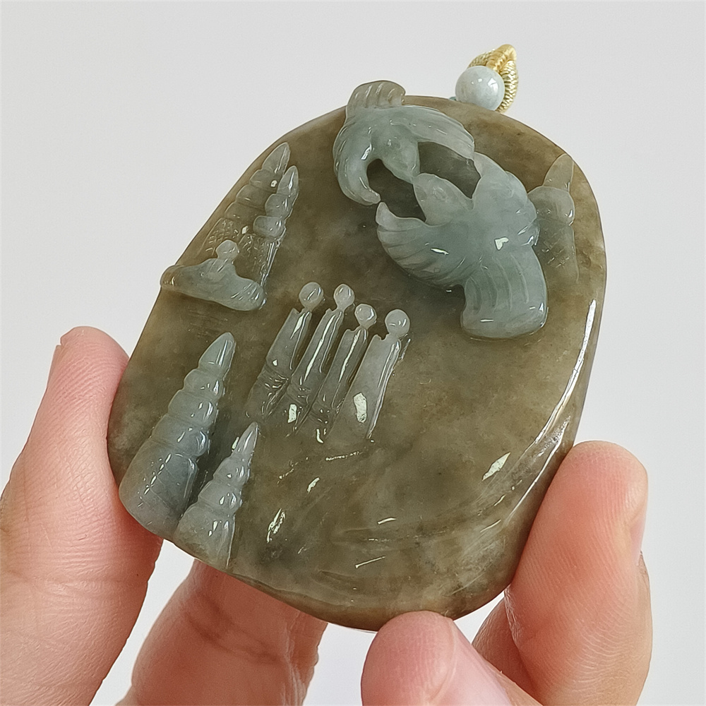Unique Certificated Natural Type A Untreated 59X58X12mm Green Yellow Burmese Jadeite Oval Pendant With 悟道 And Bird Carved,Myanmar Jadeite Pendant Necklace