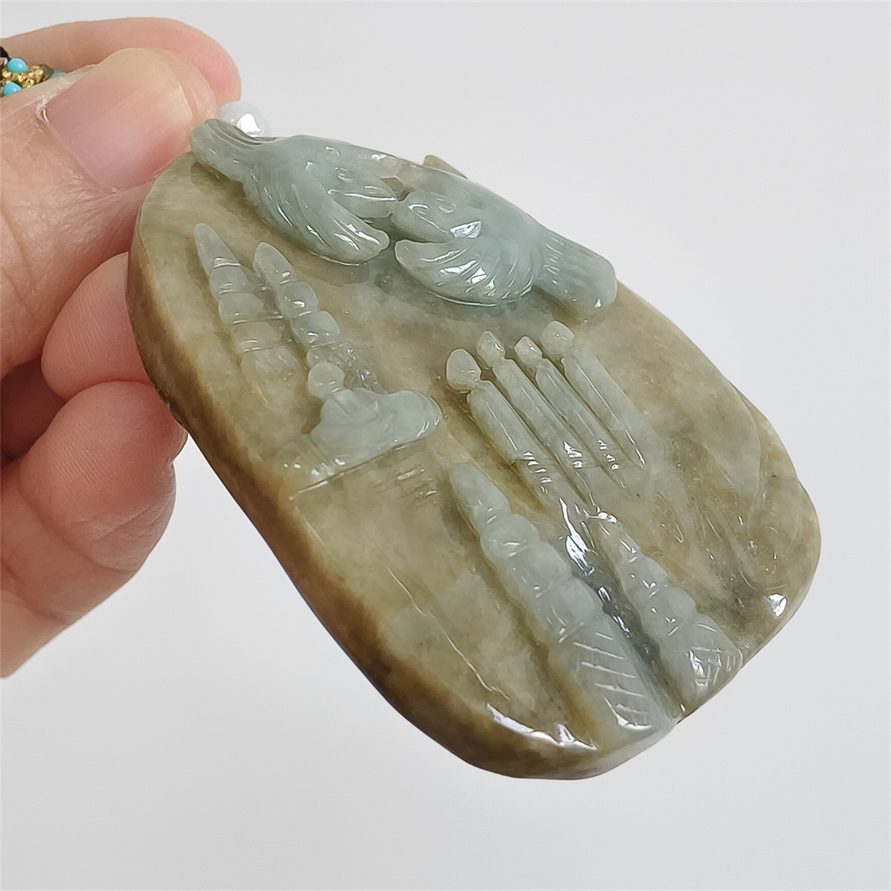 Unique Certificated Natural Type A Untreated 59X58X12mm Green Yellow Burmese Jadeite Oval Pendant With 悟道 And Bird Carved,Myanmar Jadeite Pendant Necklace