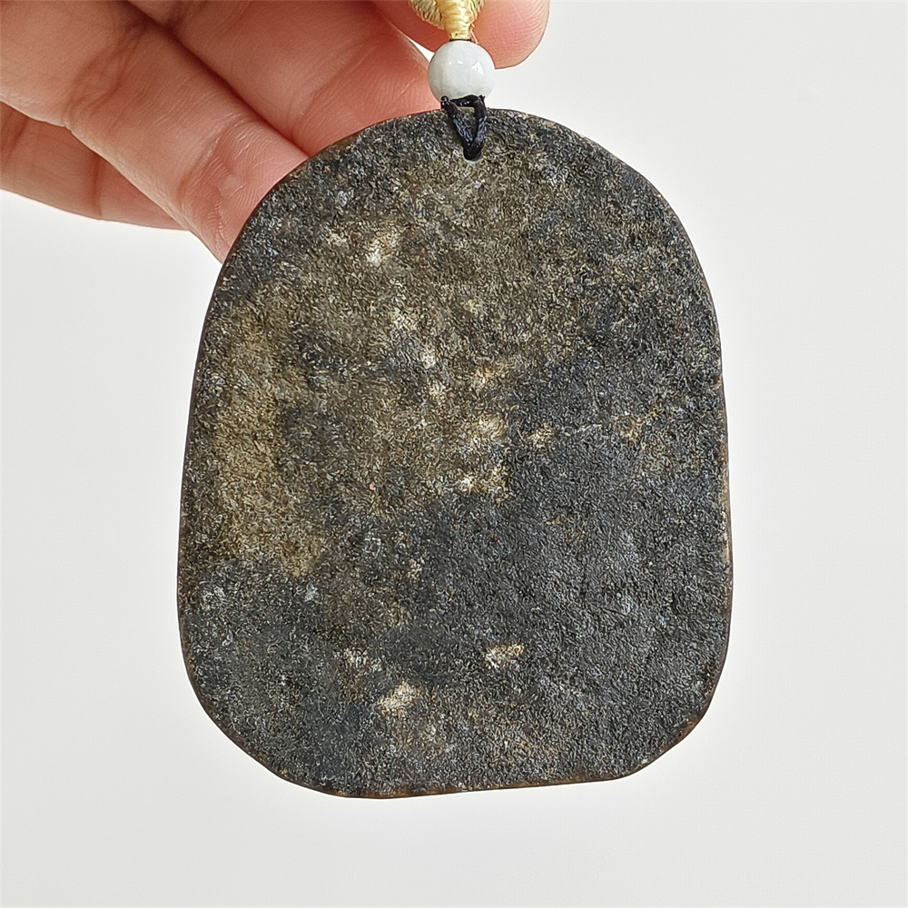 Unique Certificated Natural Type A Untreated 59X58X12mm Green Yellow Burmese Jadeite Oval Pendant With 悟道 And Bird Carved,Myanmar Jadeite Pendant Necklace